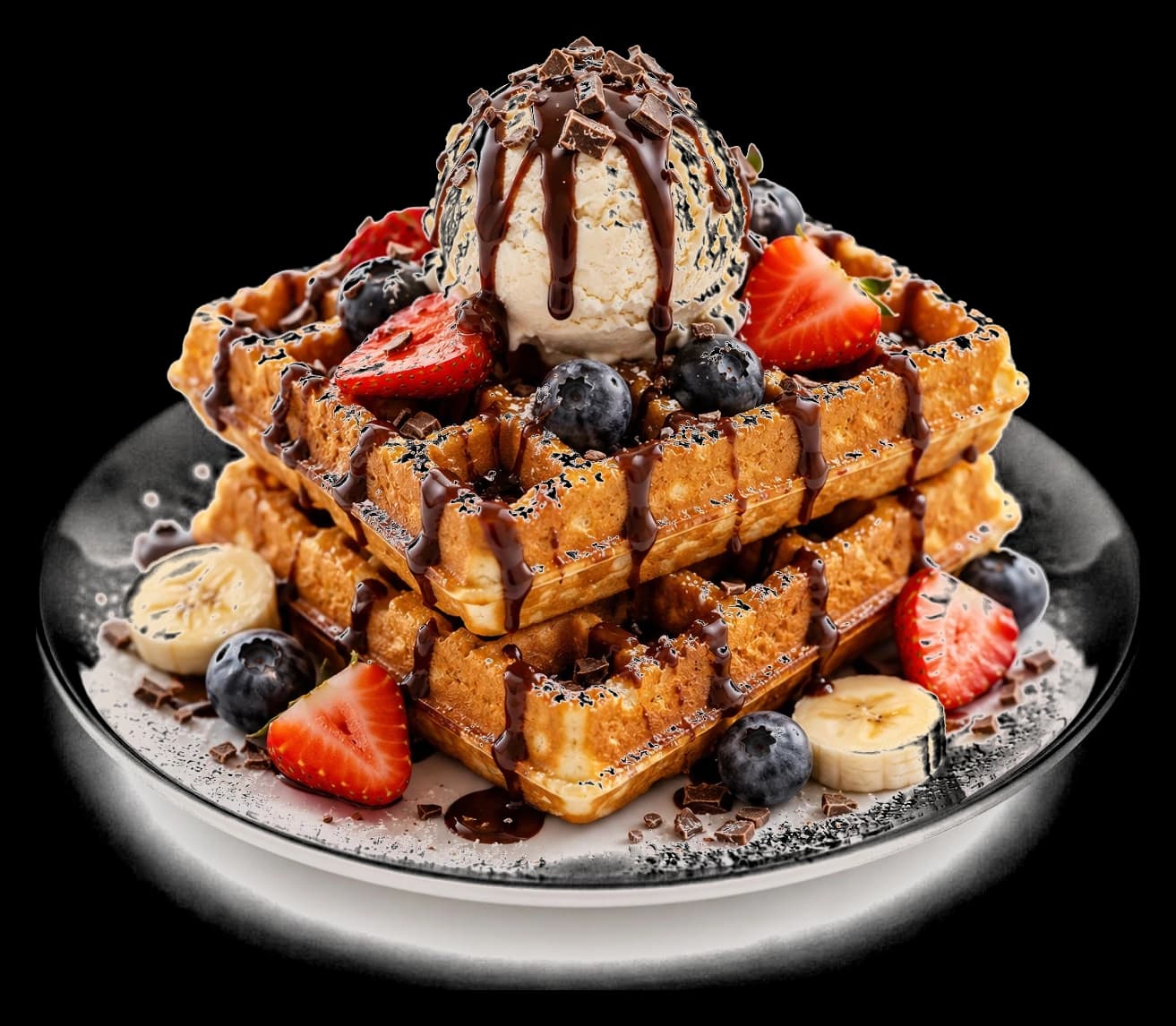 Stacked waffles topped with vanilla ice cream, chocolate drizzle, strawberries, blueberries and banana